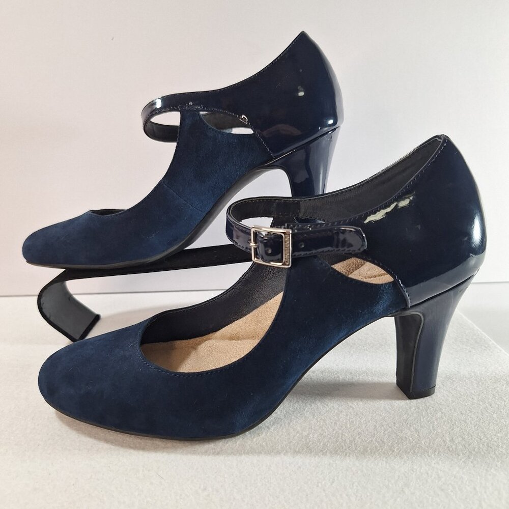 Giani Bernini sz 8.5 Navy Blue Suede & Patent Colorblock Velmah Pumps, 3" Heel - Picture 5 of 14